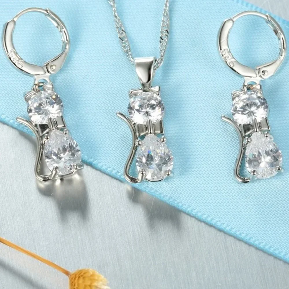 ⭐4pc Bundle Sale⭐ Diamond Kitty Pendant And Earrings, w.18" Chain, 925 Silver - Picture 1 of 3